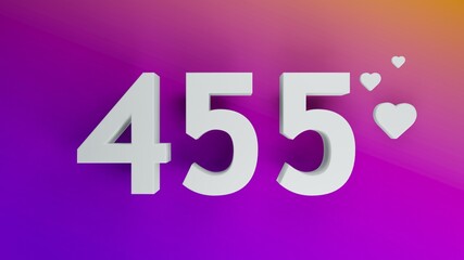 Number 455 in white on purple and orange gradient background, social media isolated number 3d render
