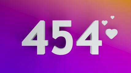 Number 454 in white on purple and orange gradient background, social media isolated number 3d render