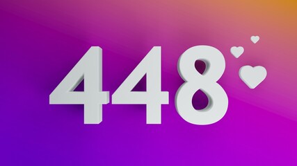 Number 448 in white on purple and orange gradient background, social media isolated number 3d render