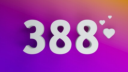 Number 388 in white on purple and orange gradient background, social media isolated number 3d render