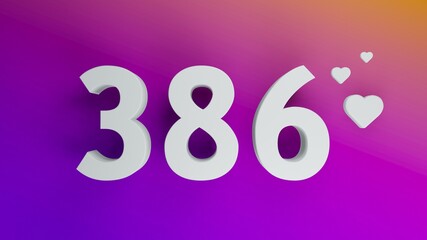 Number 386 in white on purple and orange gradient background, social media isolated number 3d render