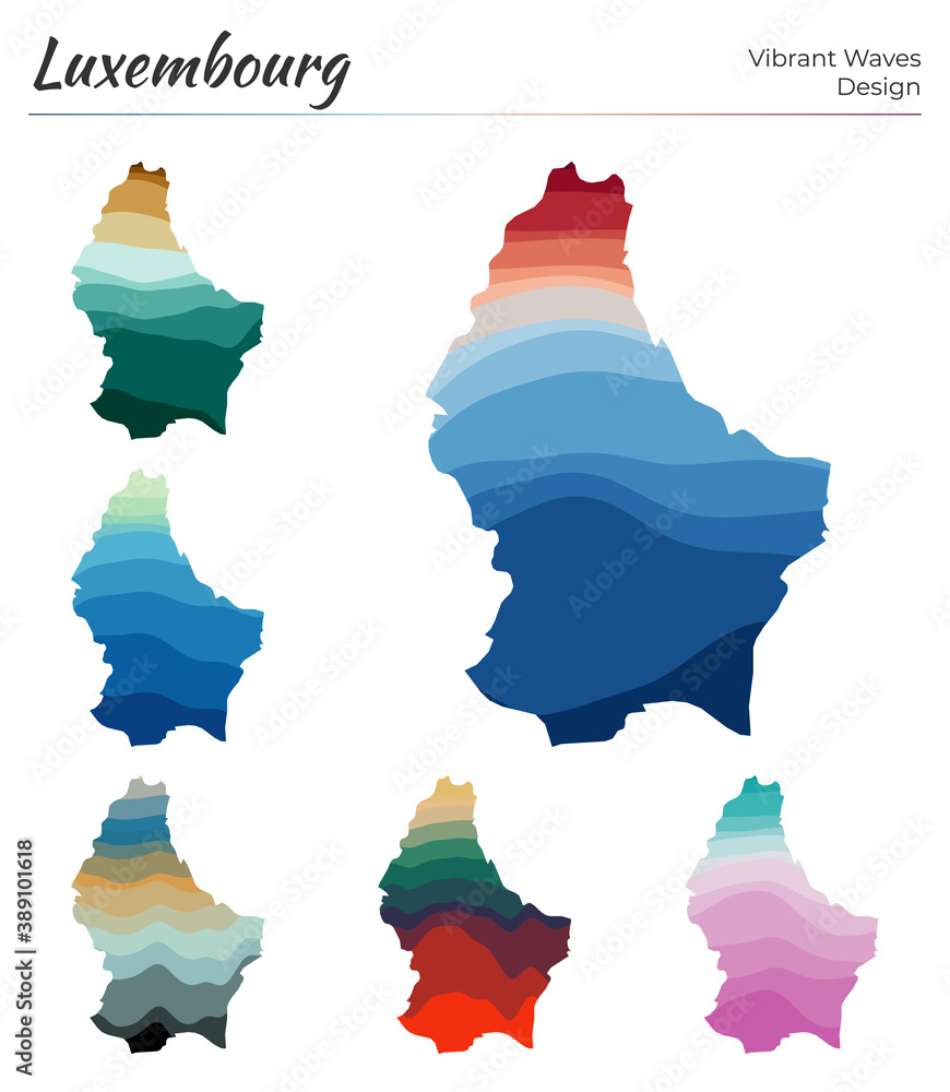 Poster set of vector maps of luxembourg. vibrant waves design. bright map of the country in geometric smoot