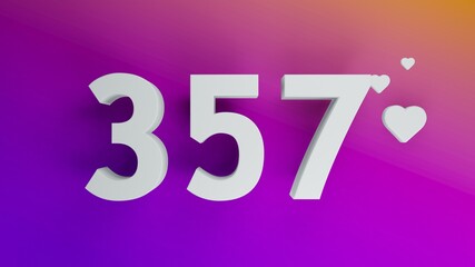 Number 357 in white on purple and orange gradient background, social media isolated number 3d render