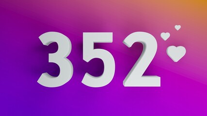 Number 352 in white on purple and orange gradient background, social media isolated number 3d render