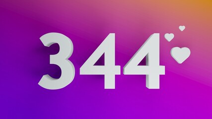 Number 344 in white on purple and orange gradient background, social media isolated number 3d render