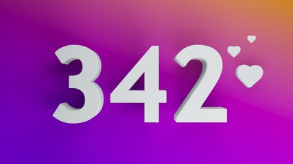 Number 342 in white on purple and orange gradient background, social media isolated number 3d render