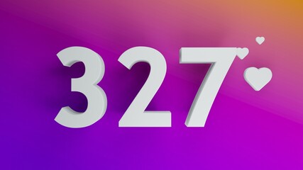 Number 327 in white on purple and orange gradient background, social media isolated number 3d render