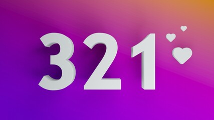 Number 321 in white on purple and orange gradient background, social media isolated number 3d render