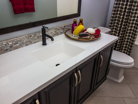 Tray Of Bath Supplies On Bathroom Vanity