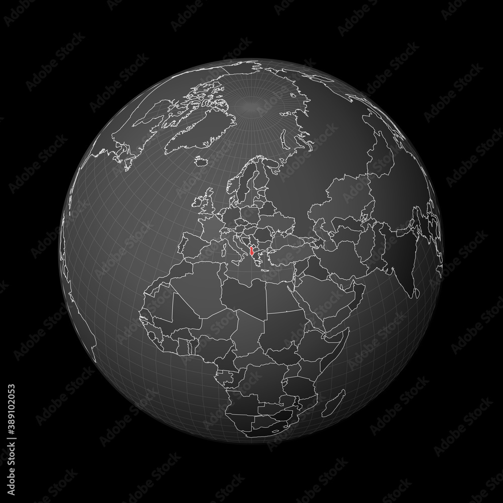 Poster dark globe centered on albania. country highlighted with red color on world map. satellite world pro