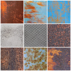 Set of old rusty metal textures. Rough dirty metal surface with rust. Backgrounds collection for design.