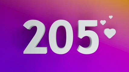 Number 205 in white on purple and orange gradient background, social media isolated number 3d render