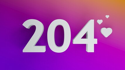Number 204 in white on purple and orange gradient background, social media isolated number 3d render