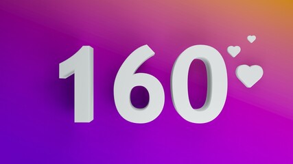 Number 160 in white on purple and orange gradient background, social media isolated number 3d render