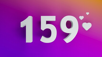 Number 159 in white on purple and orange gradient background, social media isolated number 3d render