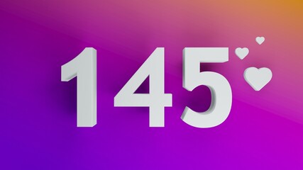Number 145 in white on purple and orange gradient background, social media isolated number 3d render