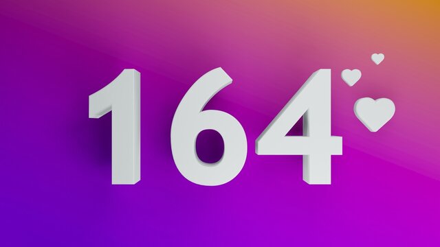 Number 164 in white on purple and orange gradient background, social media isolated number 3d render
