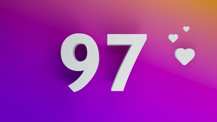 Number 97 in white on purple and orange gradient background, social media isolated number 3d render