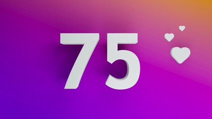 Number 75 in white on purple and orange gradient background, social media isolated number 3d render