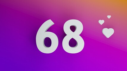 Number 68 in white on purple and orange gradient background, social media isolated number 3d render