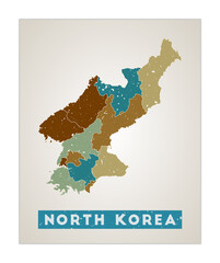 North Korea map. Country poster with regions. Old grunge texture. Shape of North Korea with country name. Amazing vector illustration.