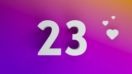 Number 23 in white on purple and orange gradient background, social media isolated number 3d render