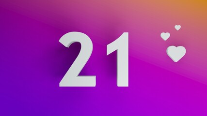 Number 21 in white on purple and orange gradient background, social media isolated number 3d render