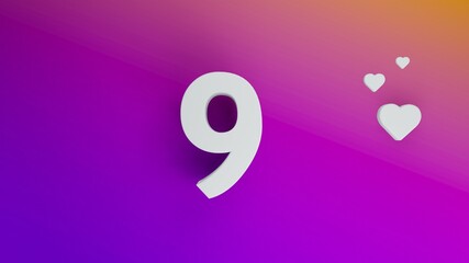 Number 9 in white on purple and orange gradient background, social media isolated number 3d render