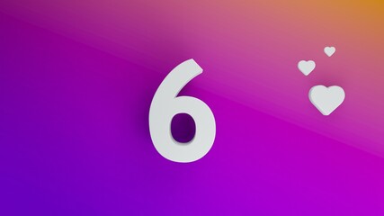 Number 6 in white on purple and orange gradient background, social media isolated number 3d render