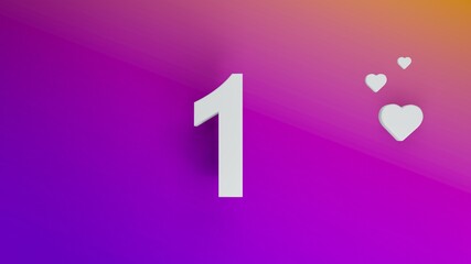Number 1 in white on purple and orange gradient background, social media isolated number 3d render