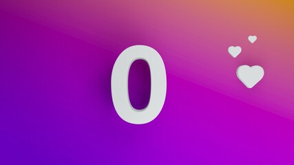 Number 0 in white on purple and orange gradient background, social media isolated number 3d render