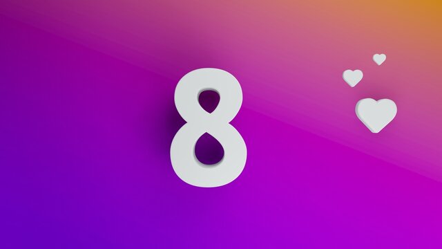 Number 8 in white on purple and orange gradient background, social media isolated number 3d render