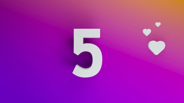 Number 5 in white on purple and orange gradient background, social media isolated number 3d render
