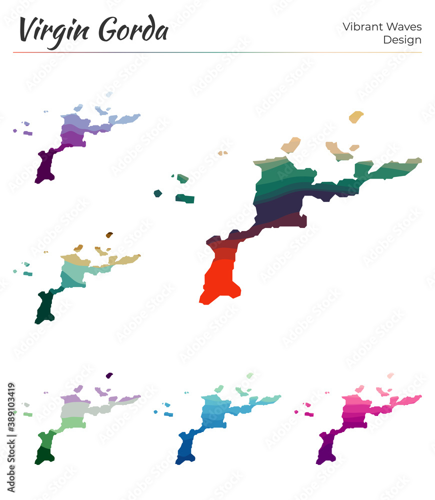 Poster set of vector maps of virgin gorda. vibrant waves design. bright map of island in geometric smooth c