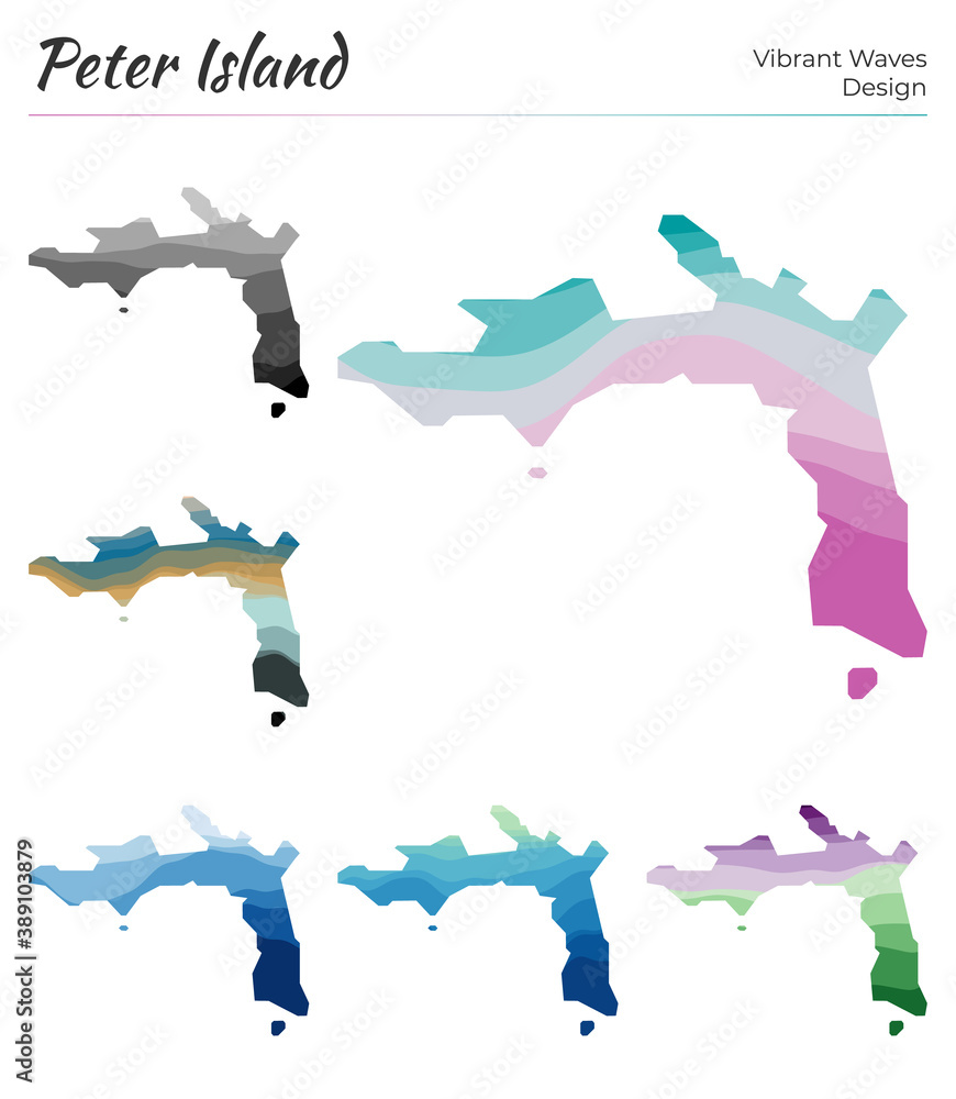 Poster set of vector maps of peter island. vibrant waves design. bright map of island in geometric smooth c
