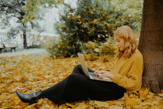 A beautiful girl teenager sits in an autumn park with a laptop. The student studies on the street. The girl looks into the laptop monitor and prints something