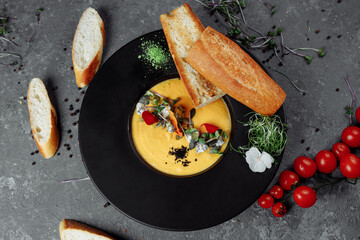 Autumn pumpkin cream soup with dor blue