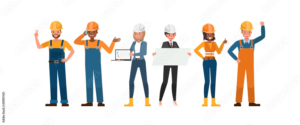 Poster set of builder people working character vector design. presentation in various action with emotions.