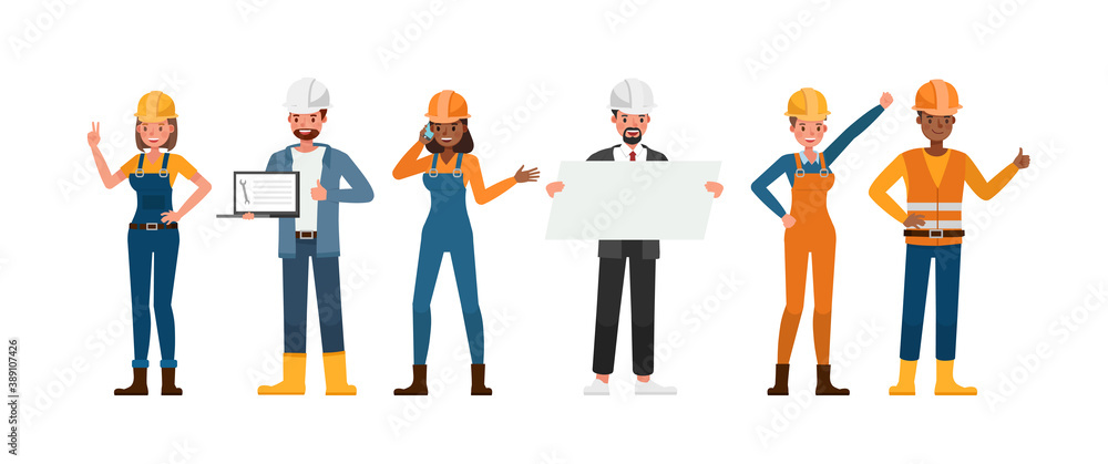 Poster set of builder people working character vector design. presentation in various action with emotions.