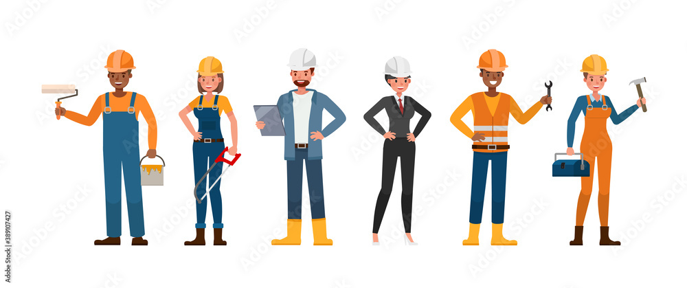 Poster set of builder people working character vector design. presentation in various action with emotions.