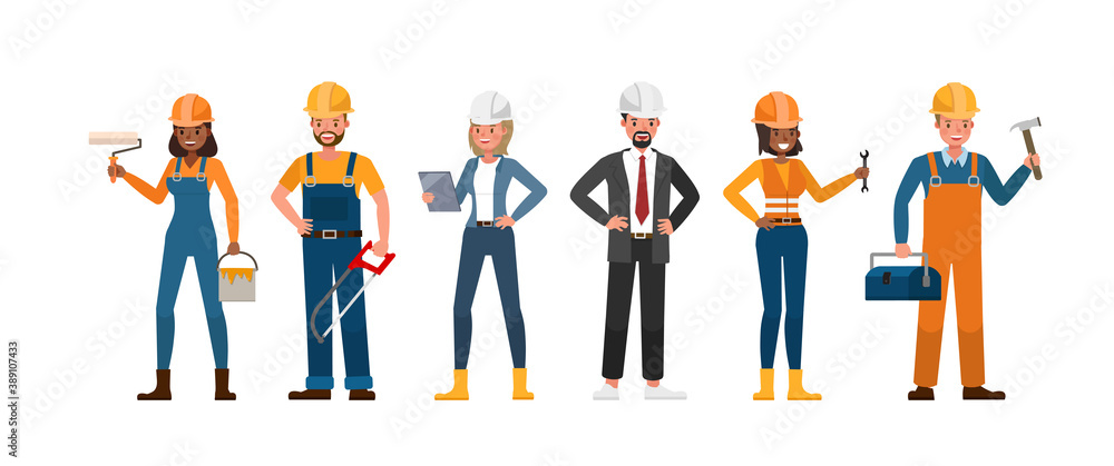 Poster set of builder people working character vector design. presentation in various action with emotions.