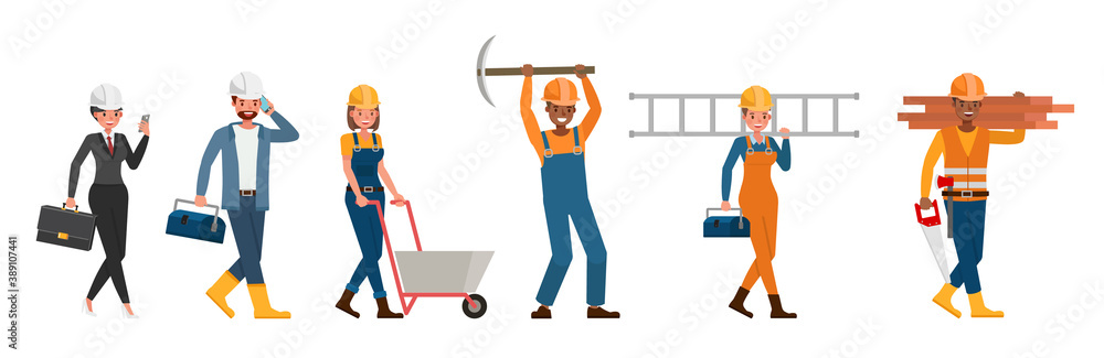 Poster set of builder people working character vector design. presentation in various action with emotions.