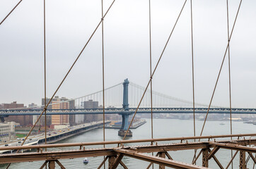 Beautiful Manhattan Bridge in New York City. Shot Taken From Brooklyn Bridge Cables