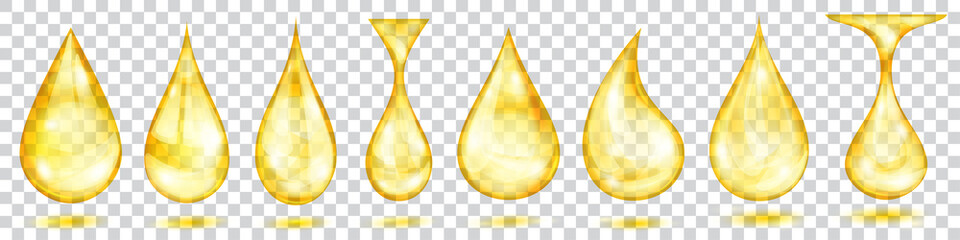 Set of translucent water drops in yellow colors in various shapes, isolated on transparent background. Transparency only in vector format