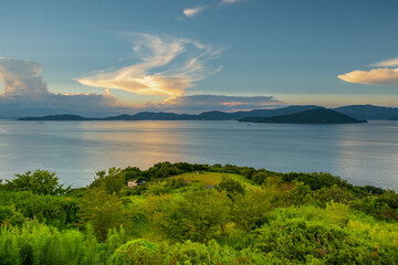 The Landscape of Sea or Ocean After Sunset in Evening, Ogushi Nature Park in Kagawa Prefecture in...