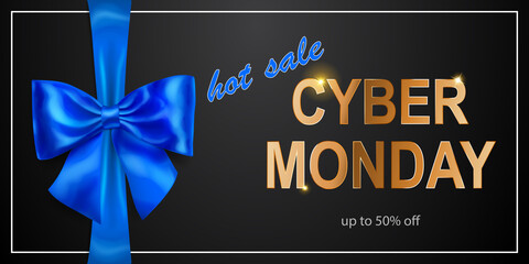 Cyber Monday sale banner with blie bow and ribbons on black background. Vector illustration for posters, flyers or cards.