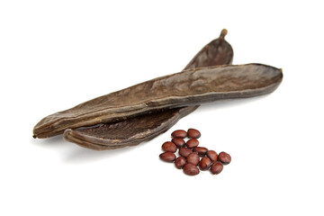 Dried carob tree pods with seeds isolated on white background.