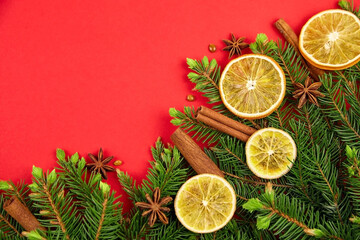Fototapeta na wymiar Christmas tree branches, dry orange slices, cinnamon and anise spices