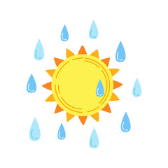 Sun with rain cartoon style. Abstract downpour, drop flat bad weather hand drawn symbol. Cute thunderstorm, bright nature weather element. Vector meteorological infographics