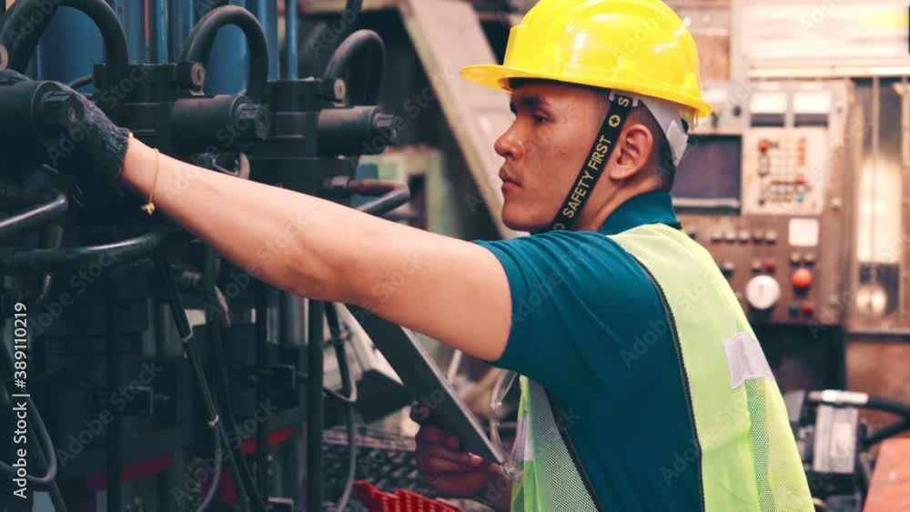 Poster smart factory worker using machine in factory workshop . industry and engineering concept.
